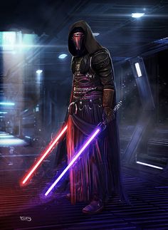 a star wars character in a dark room with lights coming from his head and arms