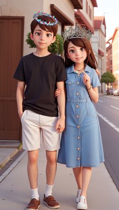 a boy and girl are standing on the sidewalk in front of a house wearing crowns