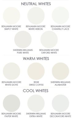 the different shades of neutral and white paint colors for walls, windows, furniture and more