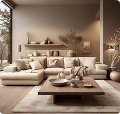 a living room filled with lots of furniture next to a large glass window and wooden flooring