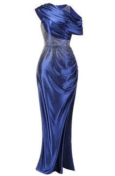 a blue evening gown with one shoulder draped over the shoulders and sequins on it