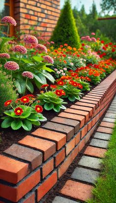 a brick garden border with colorful flowers and greenery