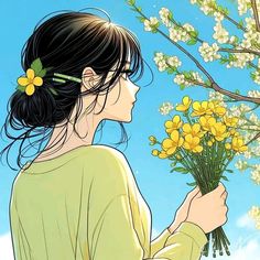 a woman holding flowers in her hand and looking up at the sky with clouds behind her