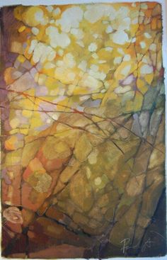 an abstract painting with yellow leaves on it