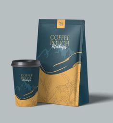 a coffee bag and cup next to each other on a gray background with the words coffee pouch mockup