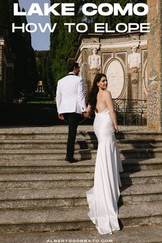 a bride and groom walking up some steps with the words how to plan a wedding in lake comoo