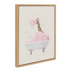 a giraffe sitting on top of a bath tub filled with pink foam and bubbles