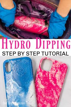 the process to make hydro dipping phone cases is shown with text overlaying it