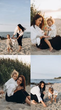 a woman and two children playing on the beach with their mother holding her baby girl