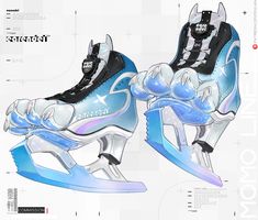 an ice skate with blue and white designs on the front, side and back sides