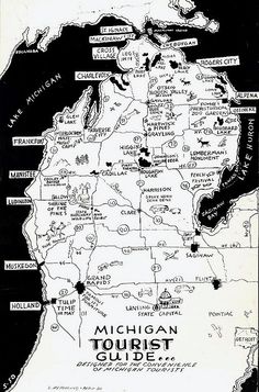 the michigan tourist guide is shown in this black and white map, which shows major cities