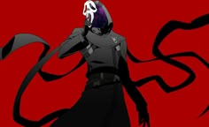 an anime character with long black hair and a purple mask on holding his hands up to his face