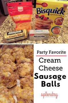 the ingredients for party favorite cream cheese sausage balls are shown in this collage, along with