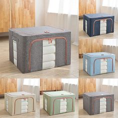 four different types of storage boxes in various colors and sizes, all with zippers