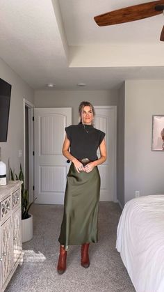 Monochromatic Olive Green Outfit, Western Outfits Women Brown Boots, Satin Skirt Outfit Western, Western Inspired Work Outfits, Fancy Winter Outfits Classy Formal, Scrunch Boots Outfit, Country Holiday Outfit, Disney Wedding Guest Outfit, Cowboy Boots Christmas Outfit