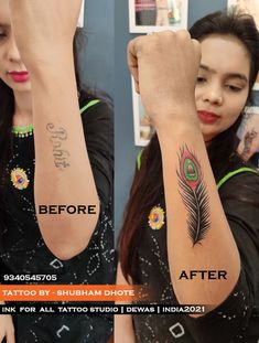 before and after photos of a woman's arm tattoo