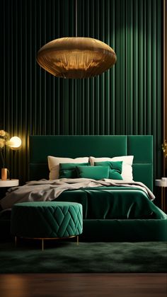 a bed with green sheets and pillows in front of a dark green curtained wall