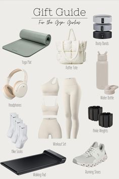 the ultimate gift guide for the gym girl includes yoga, running shoes, headphones, and sports bras