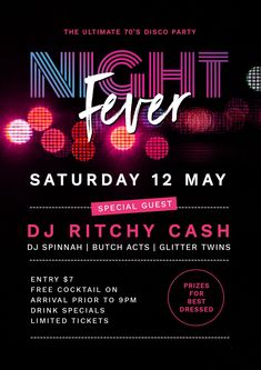 the night fever flyer for dj richy cash's new show, which is set to