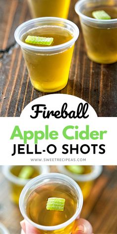 apple cider jello shots in plastic cups on a wooden table with text overlay that reads, fineball apple cider jello shots