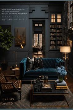 a living room filled with furniture and bookshelves