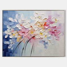 an abstract painting with white and pink flowers on a light blue background is featured in the frame