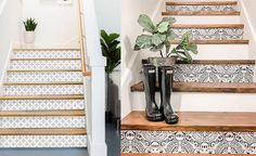 the stairs are decorated with black and white patterned tiles, but they have rubber boots on them