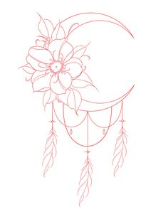 a drawing of a flower on top of a crescent with feathers hanging from it's sides