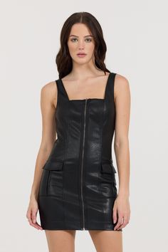 The Black Leather Zip Front Dress Features: Zip Front Leather Two Piece Set Pants, Zip Front Dress, Love Jeans, Faux Leather Dress, Zip Dress, Luxury Women Fashion, Beauty Clothes, Pull N Bear, Best Jeans