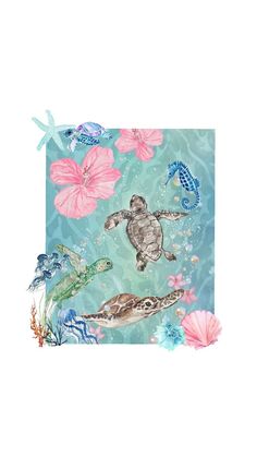 a turtle and other sea animals swimming in the ocean with pink flowers on it's side