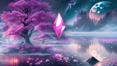 an image of a pink diamond in the middle of a lake with trees and mountains