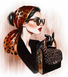 a painting of a woman holding a leopard print purse and wearing black gloves with her hair in a pony tail