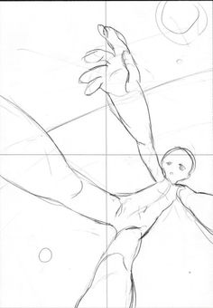 a drawing of a person reaching up to catch a ball