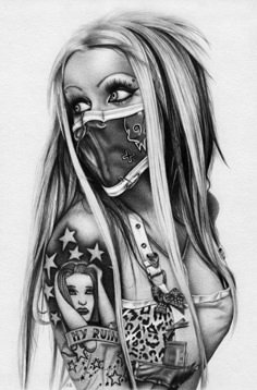 a black and white drawing of a woman with bandannas on her face is shown