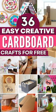 the words, easy creative card board crafts for kids are shown in this collage