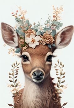 a painting of a deer with flowers on its head