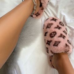 Plush Flower, Bedroom Slippers, Pink Monogram, Pink Faux Fur, Flat Slipper