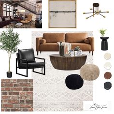 a living room filled with furniture and decor on top of a white floor next to a brick wall