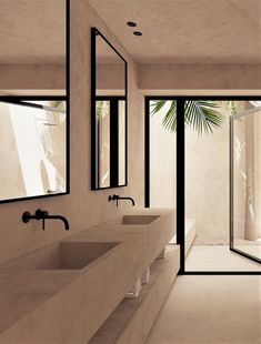 a bathroom with two sinks, mirrors and a palm tree in the window sill