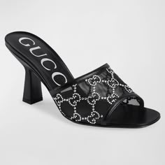 Gucci Gg Monogram Demi Rhinestone Crystal Mesh Mules Heels Sandals Shoes Gucci’s ‘Demi’ Mules Have Mesh Straps Adorned With Crystal Versions Of Label's 'Gg' Logo - You Should See How They Sparkle In The Light. They're Traced With Smooth Leather And Set On Manageable 75mm Heels. Gucci "Demi" Rhinestone Embellished Mesh And Leather Slide Sandals 3.00 In / 75 Mm Heel Open Toe Slide Style Leather Outsole Leather Insole Made In Italy Designer Color: Black Size: 39.5 Eu (Insole Measures 10 1/8 Inches) Gucci Rhinestone Heels, Gucci Platform Sandals, Mules Heels, Gucci Slides, Heels Gucci, Gucci Heels, Embellished Heels, Shoes Gucci, Gg Monogram