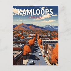 a vintage style travel poster depicting the town of kalmoops, canada in autumn