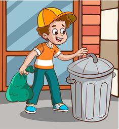 a boy with a garbage can in front of a building