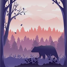 a bear is walking through the woods in front of some trees and mountains at sunset