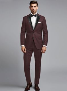 Make your presence felt in style with this wine tuxedo suit offering style and sophistication effortlessly with sleek style. Crafted from wool blend, the tuxedo suit is a trending essential you will surely need to pump up your elegant style personality.  Featuring satin lapel, matching satin covered buttons and gentle texture at its surface, our tuxedo is a subtle fashion-forward take on a traditional tailoring.  Look Includes   Napolean Wine Wool Fabric  Two Button Tuxedo Jacket Style  Notch Lapel  Black Tuxedo Buttons  Single Vent  Three Cuff Buttons  Two Welted Back Pockets on Trousers   Click 'Customize Now' to modify the look if needed.  Jacket is fully lined while the Pants do not have satin lining.  Lining: Viscose; Dry Clean. Tailored Burgundy Tuxedo For Business, Burgundy Tailored Tuxedo For Formal Occasions, Burgundy Tailored Tuxedo For Business, Tailored Burgundy Business Tuxedo, Burgundy Fitted Tuxedo For Business, Fitted Burgundy Tuxedo For Business, Burgundy Notch Lapel Suit For Formal Occasions, Burgundy Notch Lapel Suits For Formal Occasions, Tailored Tuxedo For Semi-formal Occasions