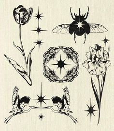 some black and white drawings on paper with flowers, bugs and stars in the background