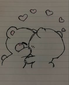 a drawing of a bear hugging another bear with hearts in the sky behind it on lined paper