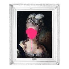 a painting of a woman with pink paint on it's face in a white frame