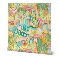 an abstract painting with colorful colors and patterns on it's canvas, including leaves