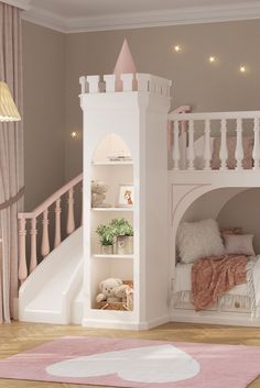 Princess Slide Bed, Princess Castle Bed With Slide, Princess Twin Bed, Fairytale Princess Bedroom, Castle Beds For Girls Room, Minimalist Princess Bedroom, Princess Bed Ideas, Rainbow Theme Bedroom Kids Rooms, Princess Playroom Ideas