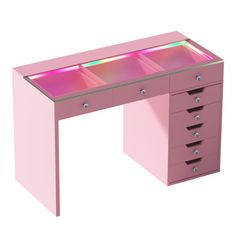 a pink desk with drawers and lights on the bottom shelf is shown in front of a white background